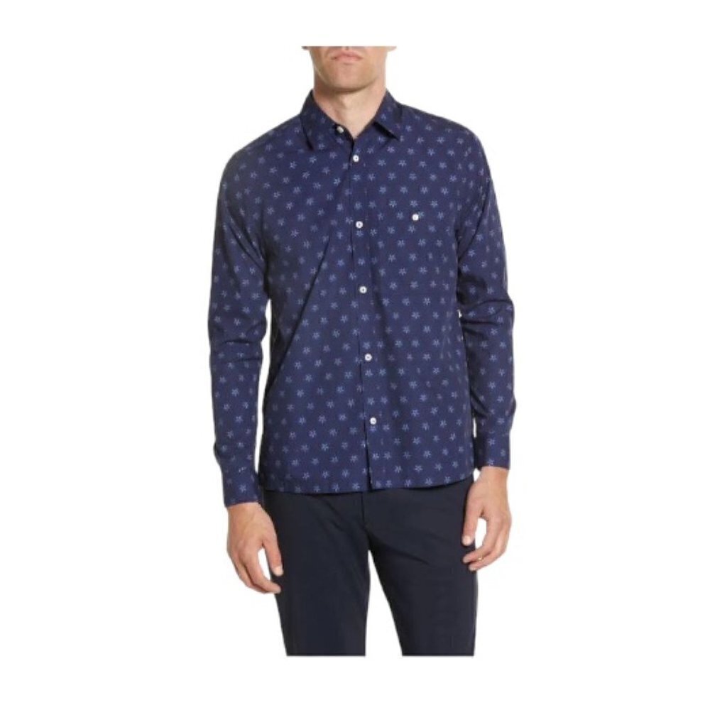 Ted Baker Mens Navy Blue Floral Collared Slim Fit Button Up Shirt Sz 2XL New